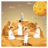 Group Meditation in Ancient Setting With Moon and Monolith Under Starry Sky. vector