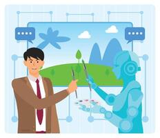 AI robot creating artwork. Man Collaborating with Robot on Digital Interactive Painting Project. vector