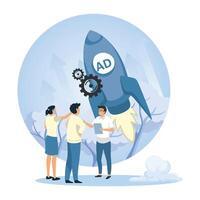 Launch Advertising concept. Marketers celebrate the kickoff of a dynamic ad campaign. vector