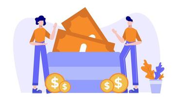 Two animated characters engage in a discussion about savings and investment. They stand beside a large container filled with money bills, surrounded by coins and plants, illustrating financial growth. video