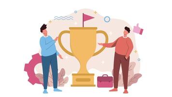 Celebrating achievement with a giant trophy and teamwork in a modern office of 2d animation. Concepts of win, competition, achievement, happiness, support, and celebrating success. video