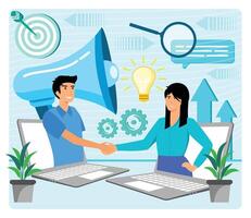 online conclusion of the transaction business handshake, via phone and laptop. vector