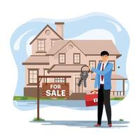 Assets and Liabilities Concept. Real Estate Agent Holding House Keys in Front of a Property For Sale. vector