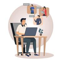 Remote Work Collaboration Between Team Members in a Virtual Office Environment. vector