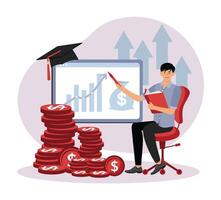 Man Analyzing Financial Growth and Education Indicators with Monetary Symbols. vector
