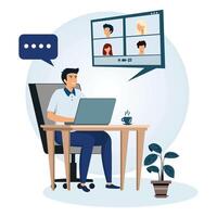 Happy young man talking to colleagues using a call. Concept of online conference from home. vector