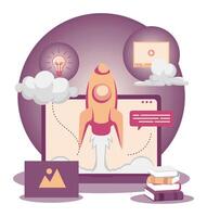 Online start up business. New company launching digital service with space rocket and laptop. vector