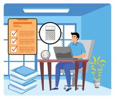 Money savings estimation. Businessman Working on Laptop in Office with Checklist and Calculator. vector