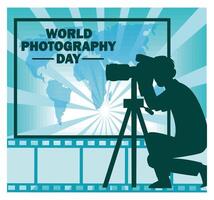 World Photography Day Featuring Camera Setup and Map Background. vector
