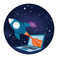 Technology and Innovation Concept. Close up of rocket flying out from a laptop screen. vector