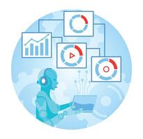 AI powered marketing tools. Artificial Intelligence Processing Digital Data with Analytical Charts and Graphs. vector