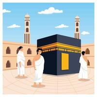 People Tawaf walking around Kaaba seven times. Hajj and umrah. vector