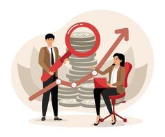 Analyzing, planning personal budget. Business Team Analyzing Financial Growth with Magnified Graph and Stacked Coins. vector