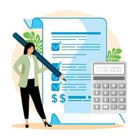 Financial Checklist. Businesswoman Reviewing with Calculator and Document. vector