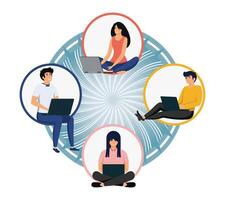 Virtual Collaboration of Diverse People Connected Through Technology. vector