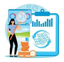 Analyzing Financial Data Represented Businesswoman by Graphs and Monetary Symbols. vector