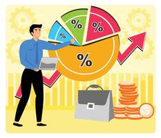 Financial Report. Reviewing investment portfolio with Charts, Coins, and Graph Elements. vector