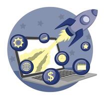 Start up Launch Concept With Rocket and Laptop for Business Success. vector