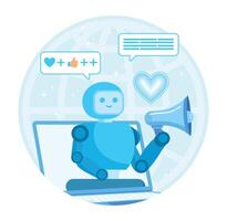 Artificial intelligence in social media. Blue Robot Interacting With Digital Content and Social Media Elements. vector