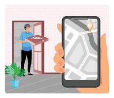 Pizza Delivery and Mobile Navigation Tracking Concept With a Delivery Person. vector