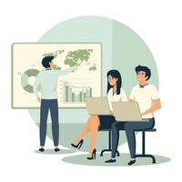 Project implementation concept. Group of colleagues working on the development of a new project. vector