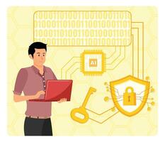 AI Supported Encryption. Man Working With Laptop on AI Security Digital Connections and Technology. vector
