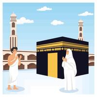Two Pilgrims Praying by the Kaaba During Hajj in Mecca. vector