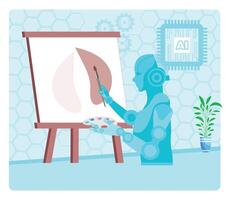 AI Enhanced Digital Painting with AI tools. Robot Artist Painting on Canvas. vector