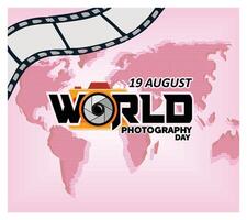 World Photography Day Celebration with Camera and Global Map Background. vector