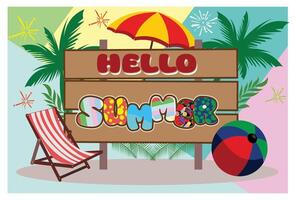 Hello summer text with with Tropical Leaves and Beach Accessories. vector