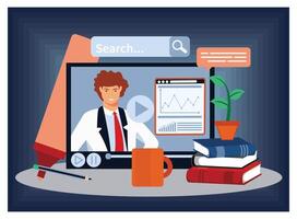 Online Learning Tutorial with Science Topics and Digital Classroom Setup. vector