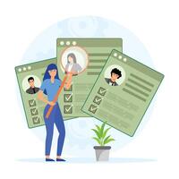 Job application. Recruiter Analyzes Candidate Profile in Office Environment. vector