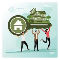 Home Conceptual. Characters carry the key of the property with the house on the key. vector