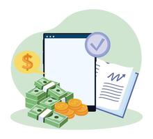 Financial Planning Concept with Documents, Money, and Approval Check mark Symbol. vector