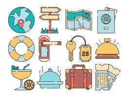 Tourism Element Icons Flat design style, a colorful set of travel-related icons including maps, luggage, hotel keys, and passports, perfect for travel guides, booking platforms, and tourism branding. vector