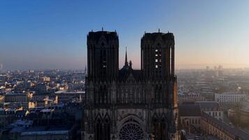 Drone View of Reims Cathedral Facade at Dawn video