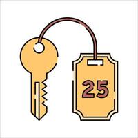 Hotel Key Flat design style, golden key with a room number tag, symbolizing hotel access, useful for accommodation ads, hospitality graphics, and travel brochures. vector