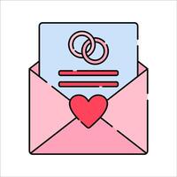 Wedding Invitation Flat design style, a pink envelope with a heart seal containing an invitation card, perfect for wedding announcements, RSVP designs, and romantic themes. vector