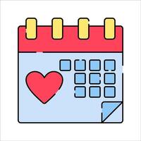 Wedding Calendar Flat design style, a blue and red calendar with a heart icon, representing wedding planning, ideal for invitations, reminders, and event schedules. vector