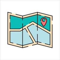 Map Flat design style, folded map with location pin, indicating navigation and trip planning, useful for travel guides, tourism ads, and vacation promotions. vector