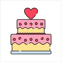 Wedding Cake Flat design style, a two-tier pink and yellow cake with a heart topper, representing wedding celebrations, perfect for bakery branding, invitations, and party graphics. vector