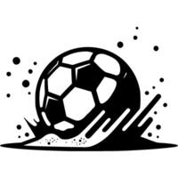 Tattoo emblem of soccer ball crashed into sand with force, raising dust and small particles in monochrome. Engraving minimalistic image in black ink drawing on white background vector