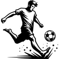 Tattoo emblem of running beach soccer player swings to kick ball in monochrome. Engraving minimalistic image in black ink drawing on white background vector