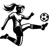 Sport emblem of female soccer player receives a difficult long pass to foot of her teammate in monochrome. Engraving minimalistic image in black ink drawing on white background vector