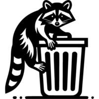 Raccoon climbs into trash can for waste in monochrome. Engraving minimalistic image in black ink drawing on white background vector
