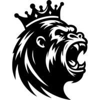 Tattoo of roaring gorilla with a crown on his head in monochrome. Giant ape leader of pride. Engraving minimalistic image in black ink drawing on white background vector