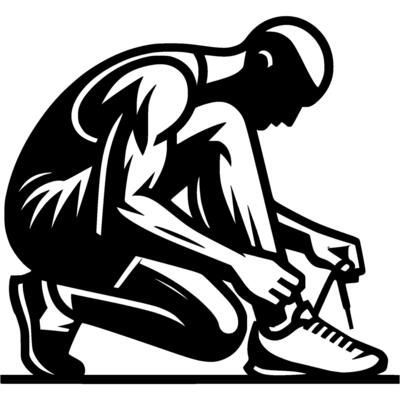 Sport emblem of male athlete preparing for distance running, tidying up his equipment in monochrome. Engraving minimalistic image in black ink drawing on white background
