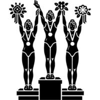 Sport emblem of team of girls gymnasts on winning podium awarded with a set of medals in monochrome. Engraving minimalistic image in black ink drawing on white background vector