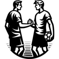 Tattoo emblem of beach soccer team captains shake hands before start of tournament in monochrome. Engraving minimalistic image in black ink drawing on white background vector