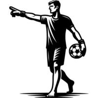 Tattoo emblem of soccer goalkeeper caught ball and points his finger to middle of field in monochrome. Engraving minimalistic image in black ink drawing on white background vector